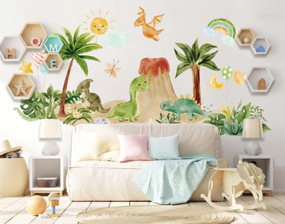 Dinosaur Wall Decals for Kids Room | Jungle Volcano Dino Fabric Stickers | Large Removable Nursery Wall Decor Set