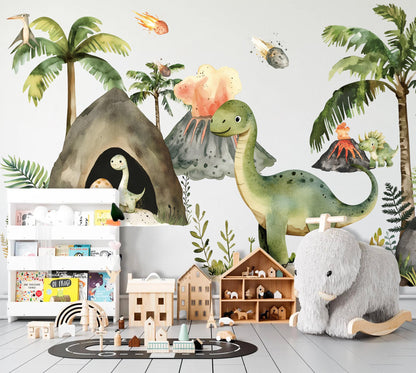 Dinosaur Volcano Wall Decal Set - Cute Watercolor Dino & Volcano Removable Fabric Stickers for Kids Room