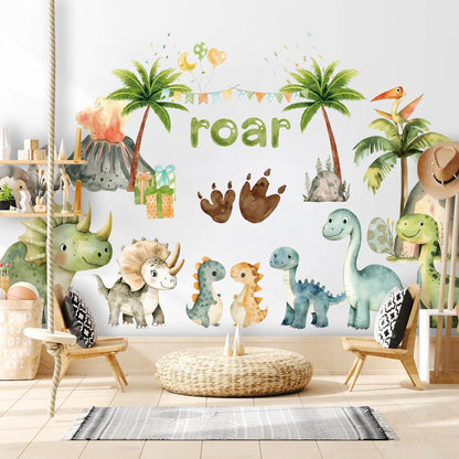 Roaring Dinosaur Jungle Wall Decal – Watercolor Dino Nursery Sticker – Reusable Peel and Stick Fabric for Baby Room
