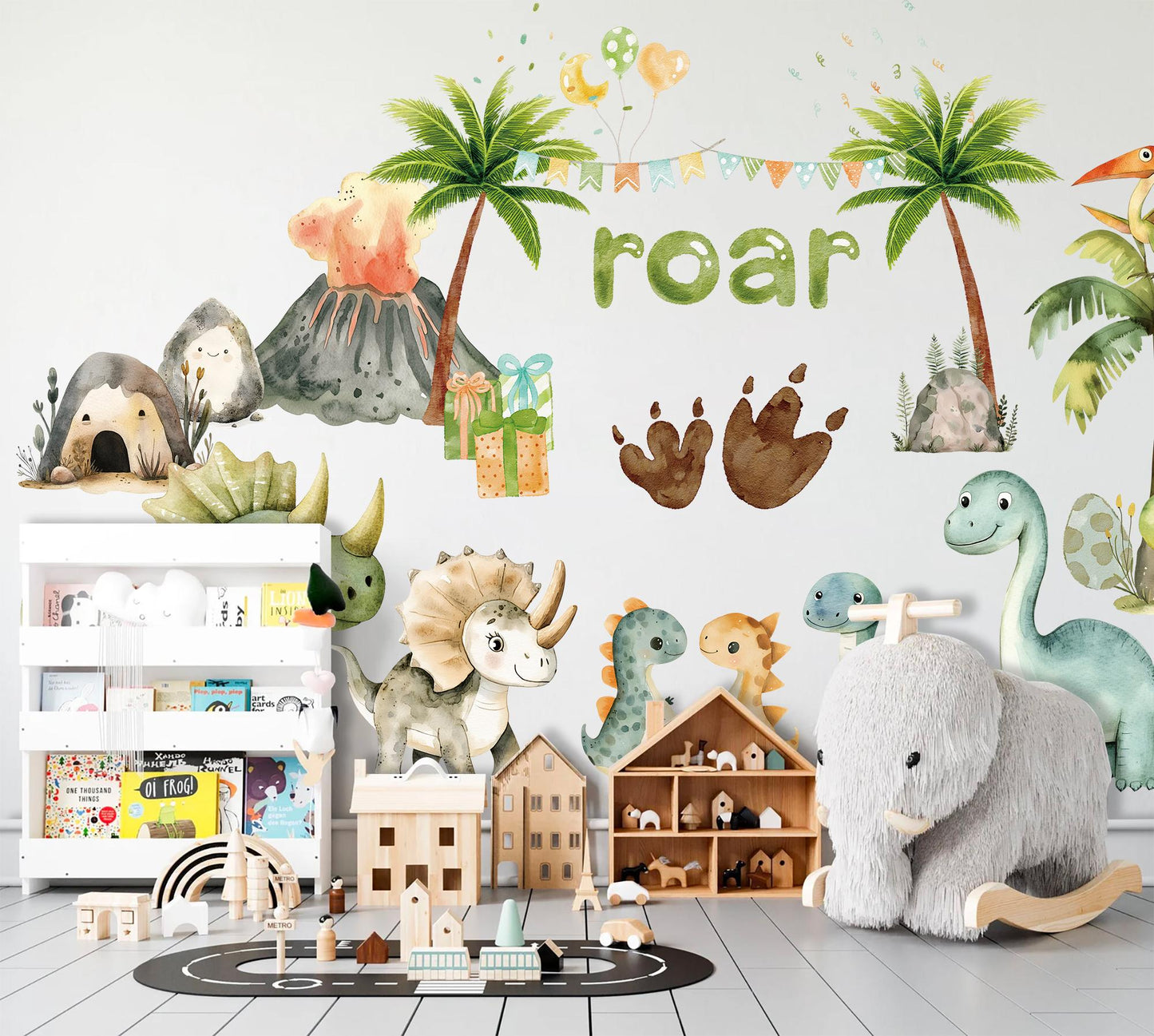 Roaring Dinosaur Jungle Wall Decal – Watercolor Dino Nursery Sticker – Reusable Peel and Stick Fabric for Baby Room
