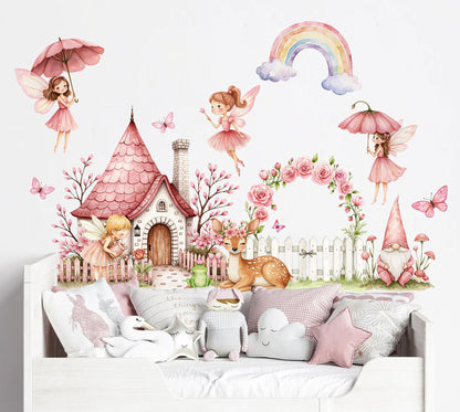 Fairy Garden Wall Decals for Girls Room – Pink Castle, Deer, Rainbow & Flower Arch – Removable Fabric Nursery Wall Stickers