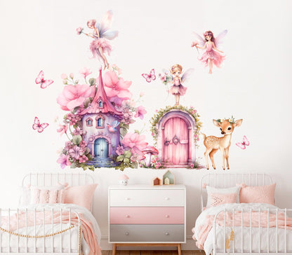 Whimsical Fairy Door & Cottage Wall Decals – Pink Flowers, Fairies, Deer – Girls Bedroom Removable Fabric Stickers