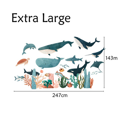 Underwater Ocean Whale Shark Wall Decals – Watercolor Sea Life Nursery Fabric Stickers – Kids Room Removable Mural