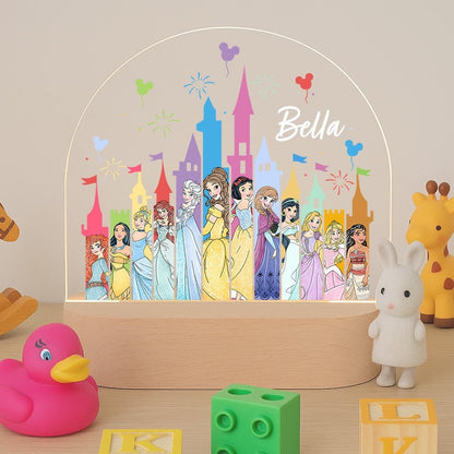 Personalised princess castle LED night light with custom name on beechwood base