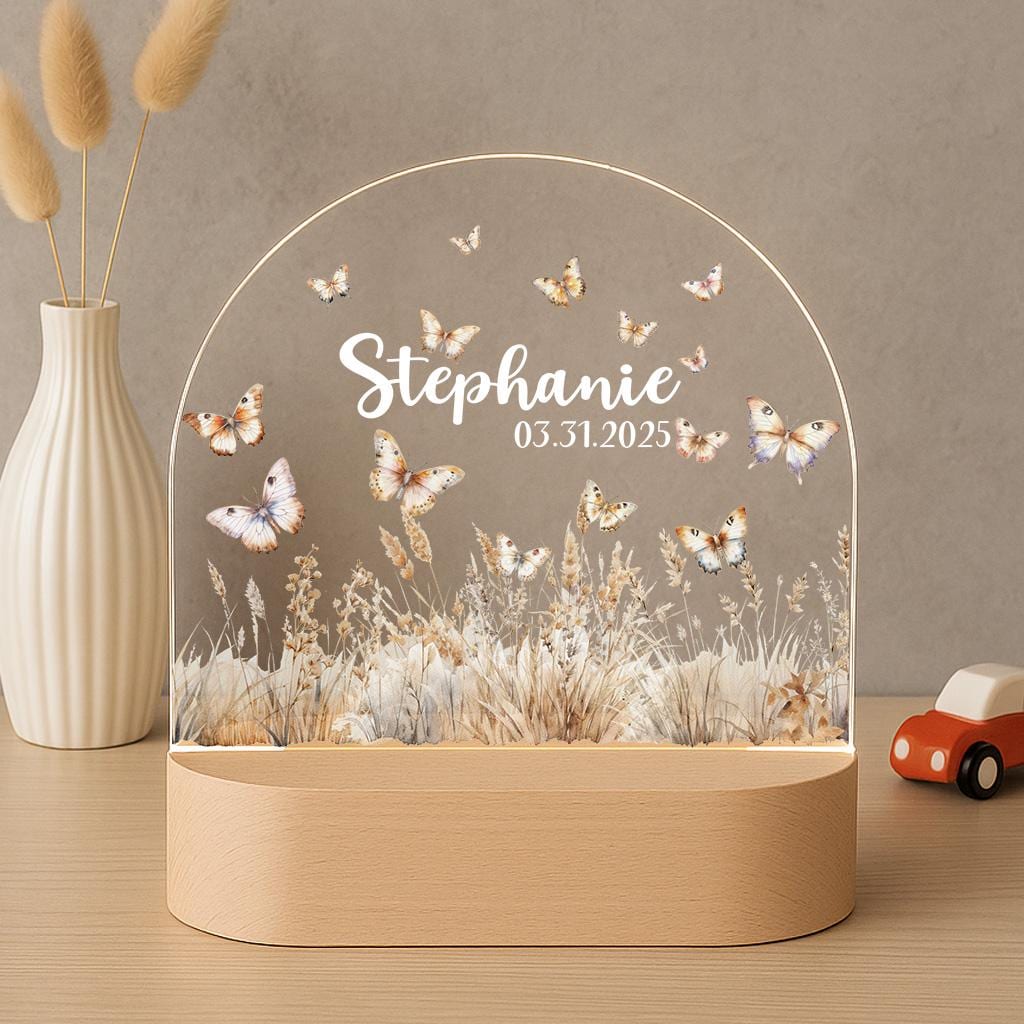 Personalised butterfly LED night light with custom baby name on beechwood base