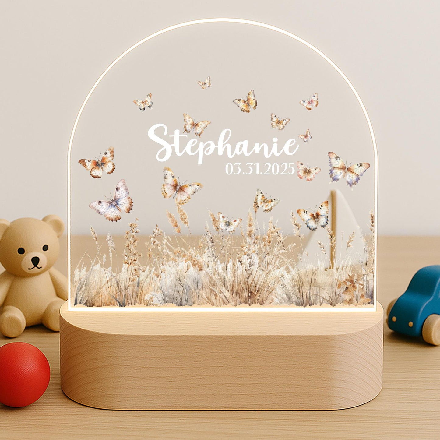 Neutral butterfly meadow acrylic night light custom name