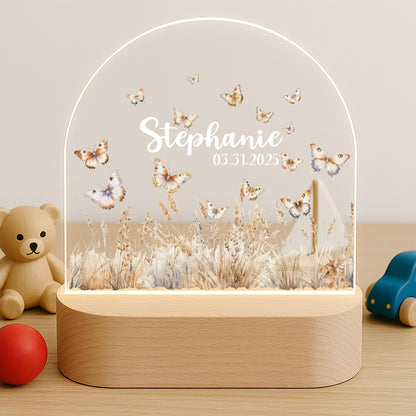 Neutral butterfly meadow acrylic night light custom name