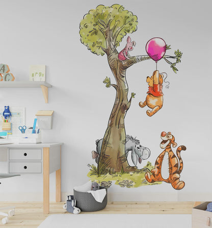 Watercolour Vintage Winnie The Pooh Playing On Tree Wall Decal Sticker - Wall Decal for Nursery