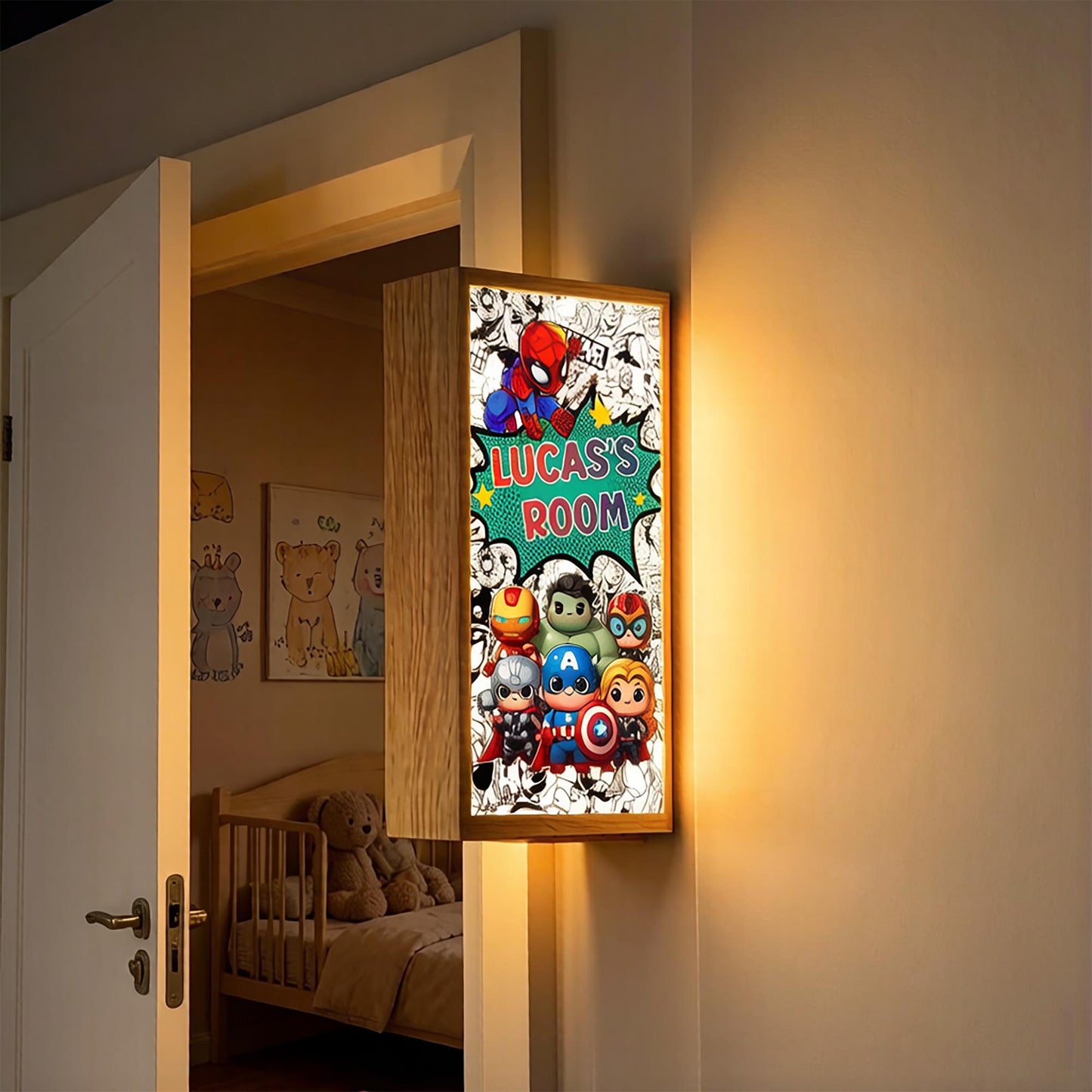Personalised Superhero Room Sign Light – Custom Name LED Light Box for Kids' Bedroom Door