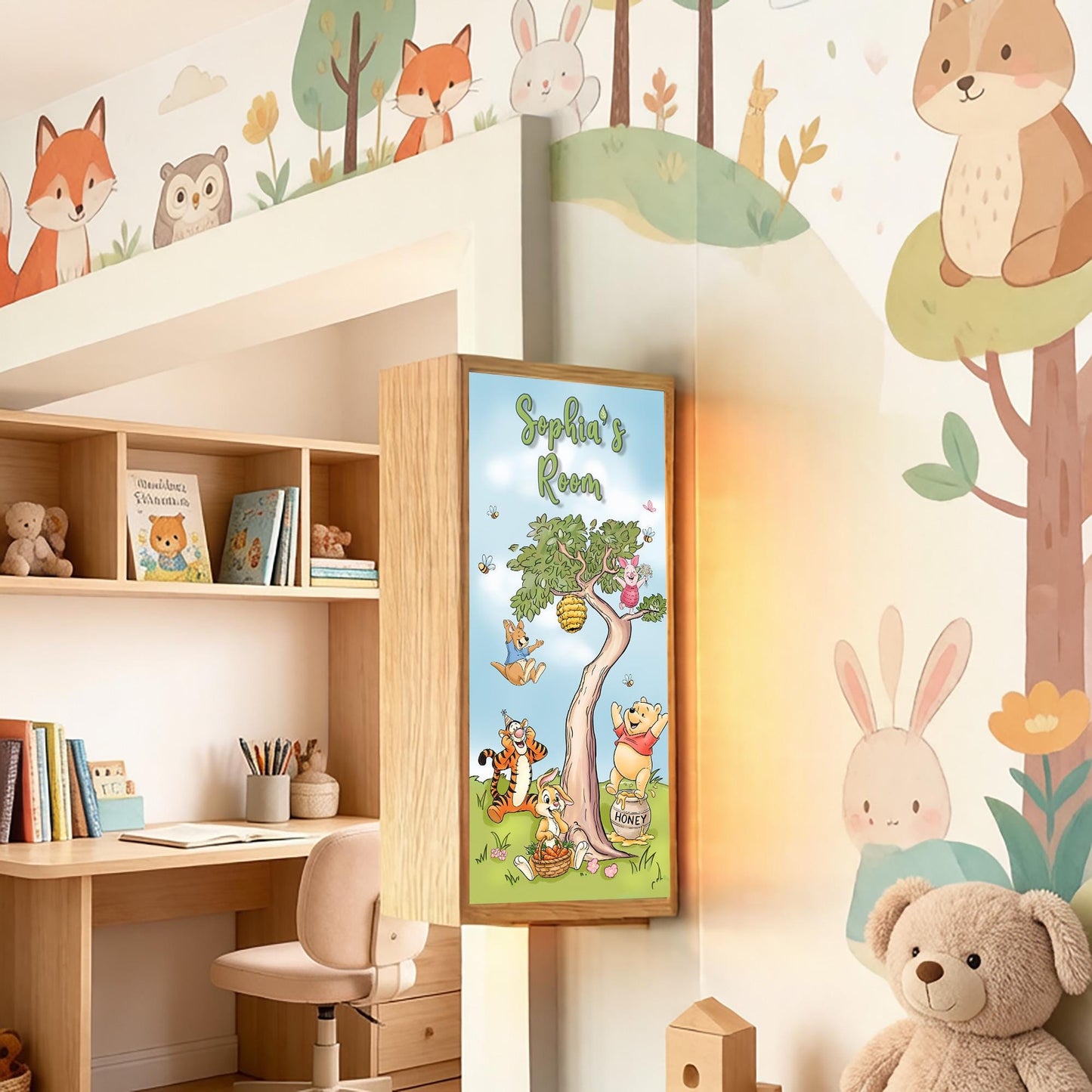 Personalised Winnie Honey Bear Room Sign Light – Custom Name Nursery Door Sign
