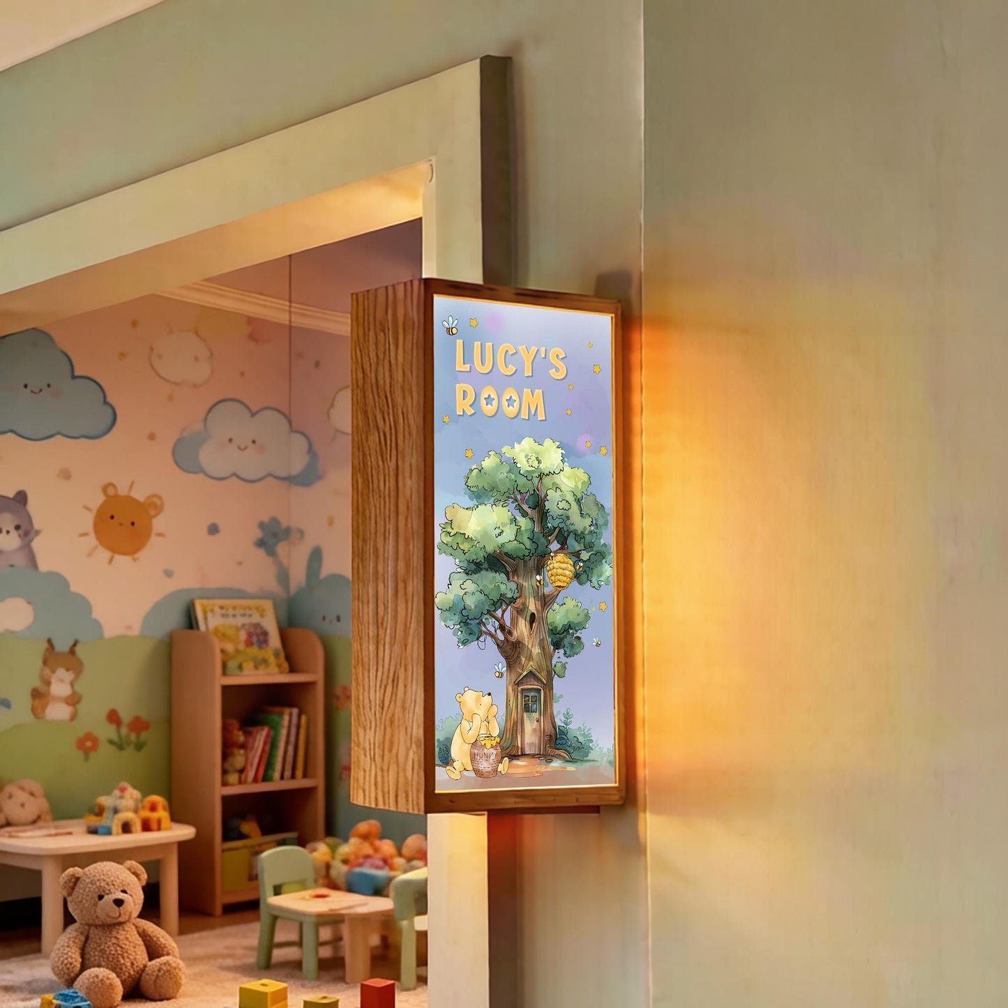Personalised Winnie Bear Treehouse Room Sign Light – Custom Name Nursery Door Sign