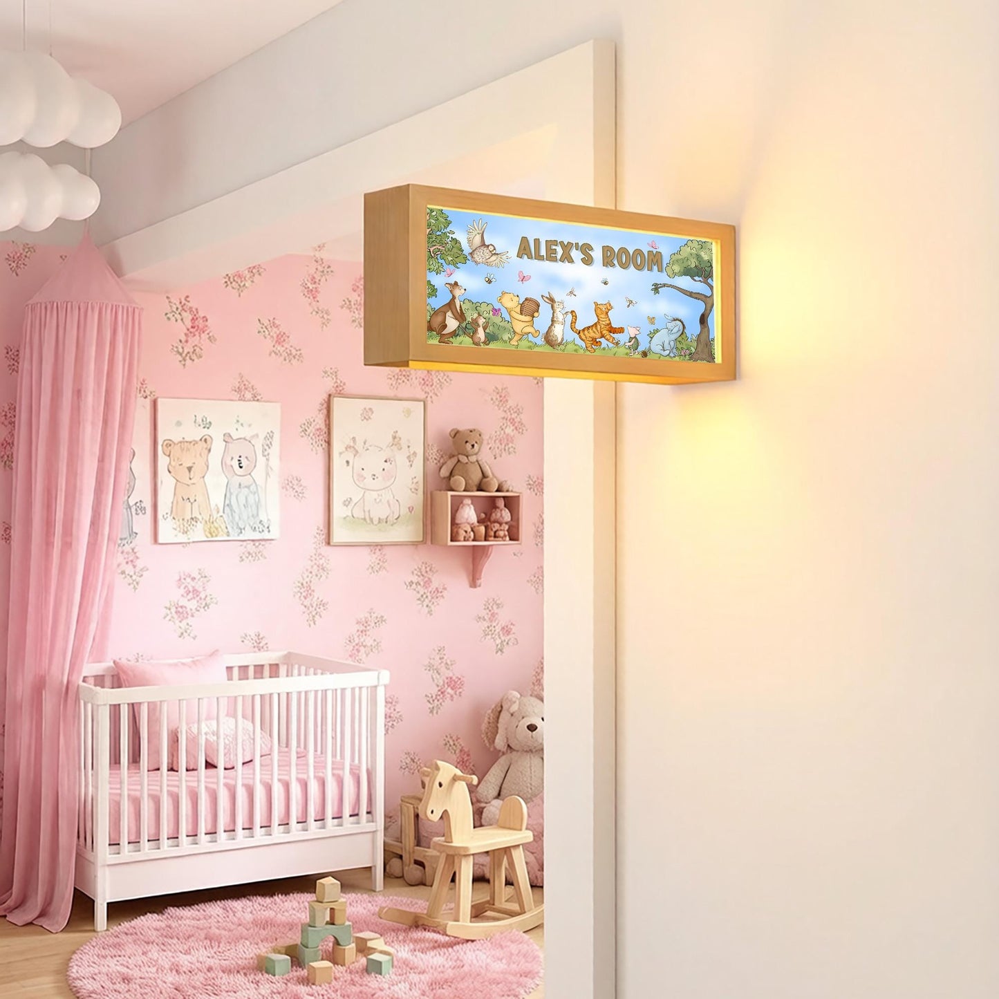 Personalised Winnie & Friends Room Sign Light – Custom Name Nursery Door Sign