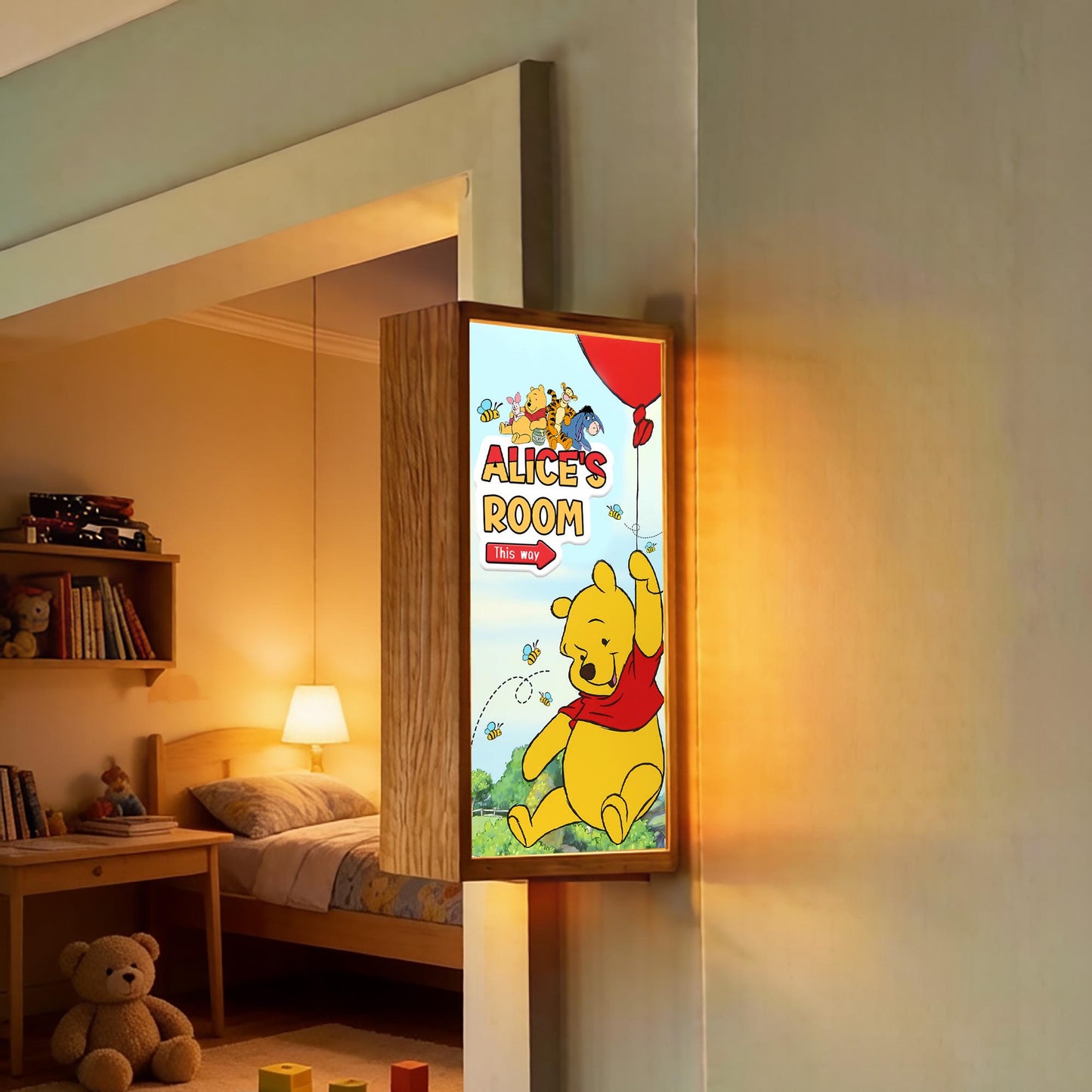 Personalised Winnie Bear Balloon Room Sign Light – Custom Name Door Sign for Kids' Nursery