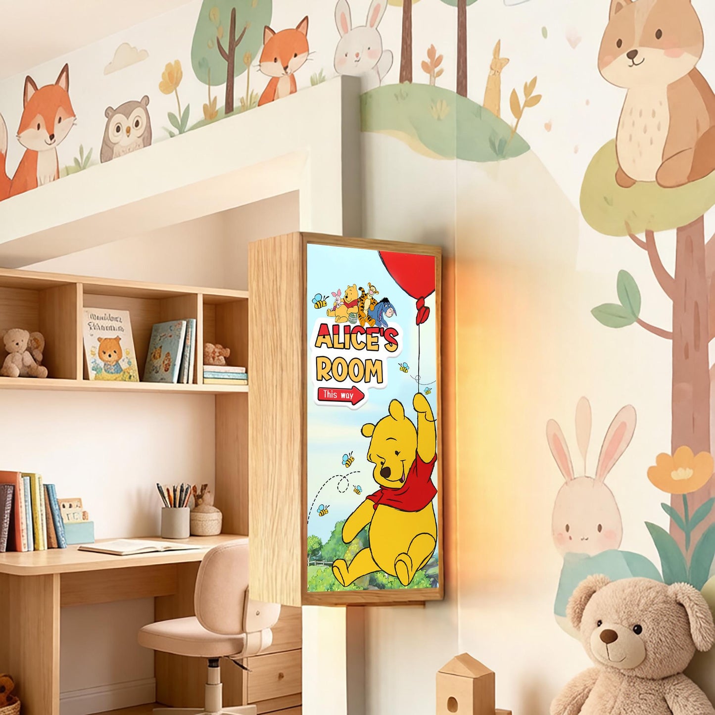Personalised Winnie Bear Balloon Room Sign Light – Custom Name Door Sign for Kids' Nursery