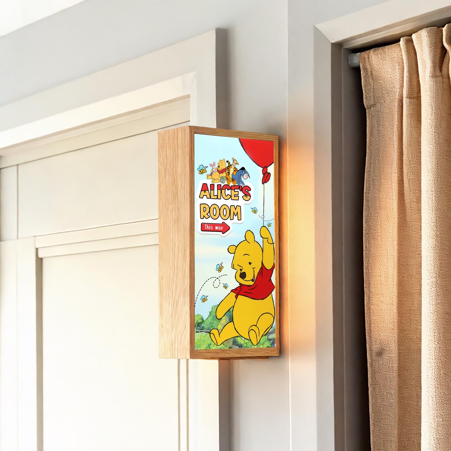 Personalised Winnie Bear Balloon Room Sign Light – Custom Name Door Sign for Kids' Nursery