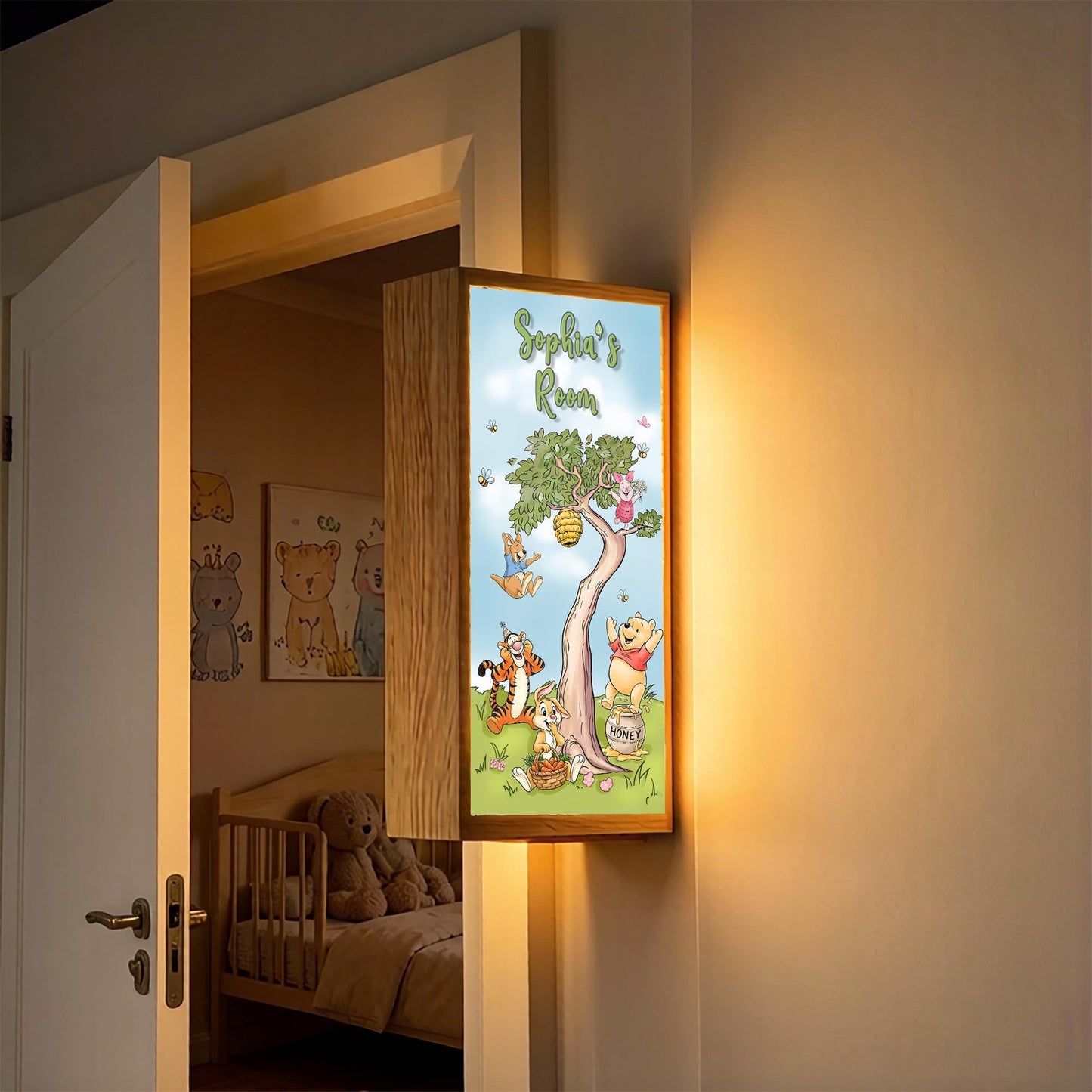 Personalised Winnie Honey Bear Room Sign Light – Custom Name Nursery Door Sign