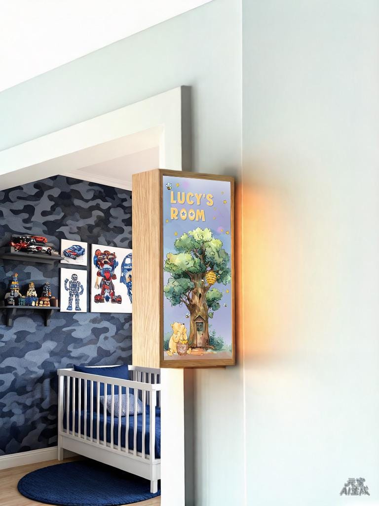 Personalised Winnie Bear Treehouse Room Sign Light – Custom Name Nursery Door Sign