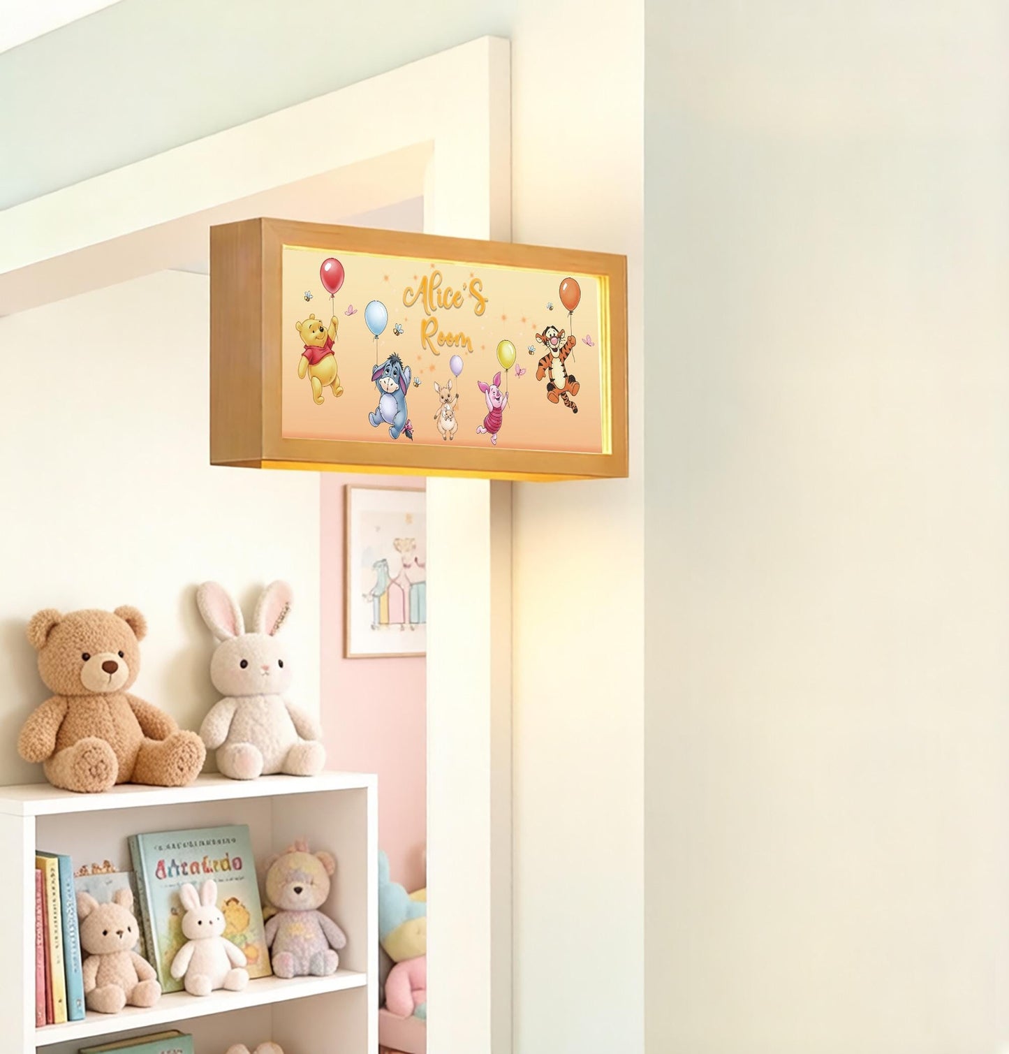 Personalised Winnie the Pooh Balloon Room Sign Light – Custom Name Solid Wood Night Light