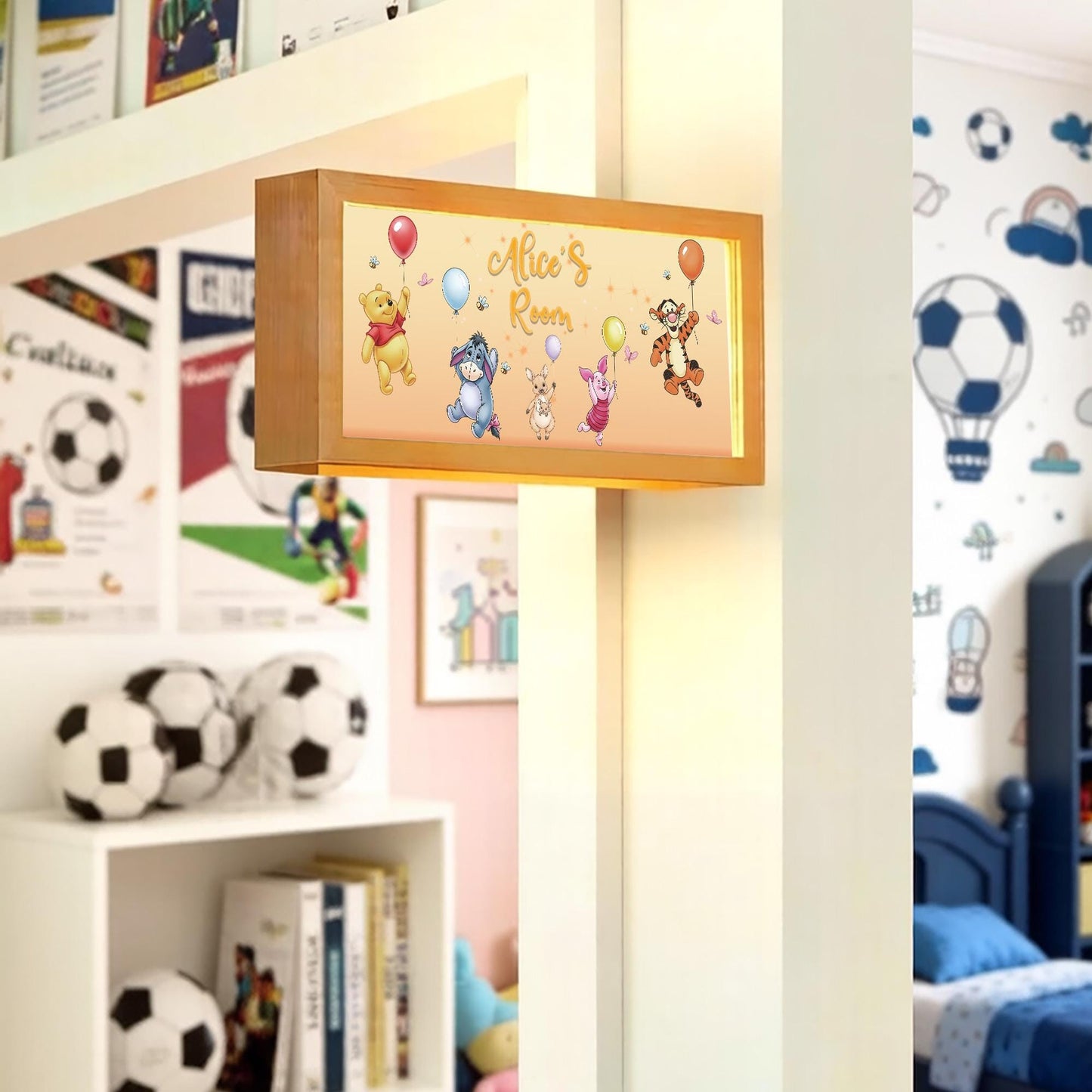 Personalised Winnie the Pooh Balloon Room Sign Light – Custom Name Solid Wood Night Light