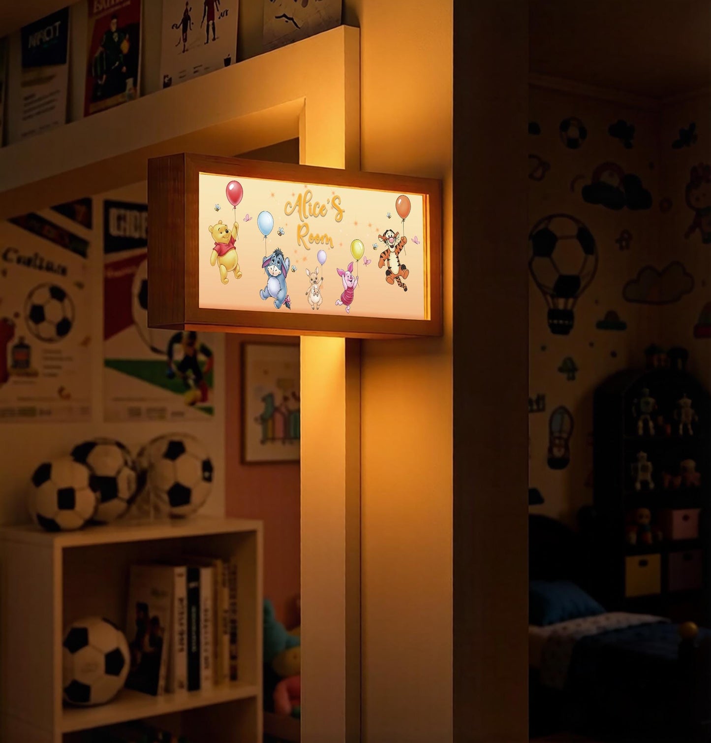 Personalised Winnie the Pooh Balloon Room Sign Light – Custom Name Solid Wood Night Light