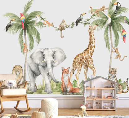 Safari Wall Decals Jungle Animals Wall Stickers Giraffe Elephant Kids Room Decor