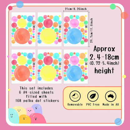 Bright Rainbow Polka Dot Wall Decals – 168 PCS Removable Matte Fabric Stickers for Nursery & Kids' Room