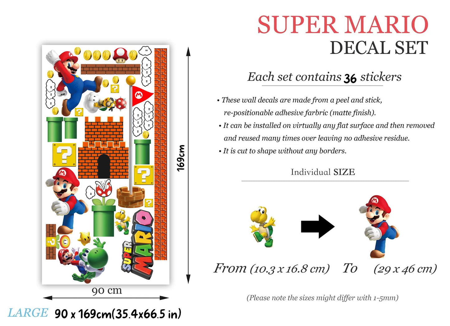 Super Mario Wall Decals for Kids Room – Removable Fabric Sticker Set | Large & Small Sizes | Mario Nursery Decor