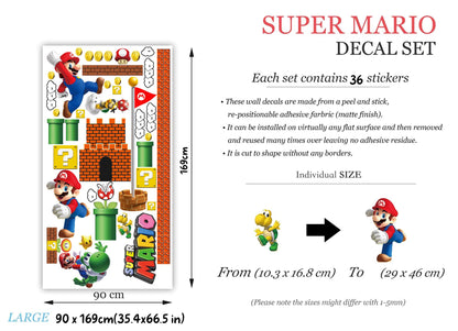 Super Mario Wall Decals for Kids Room – Removable Fabric Sticker Set | Large & Small Sizes | Mario Nursery Decor