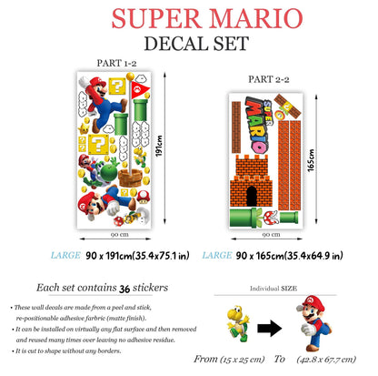Super Mario Wall Decals for Kids Room – Removable Fabric Sticker Set | Large & Small Sizes | Mario Nursery Decor