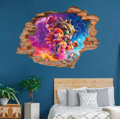 Super Mario Wall Decal 3D Broken Wall Stickers Kids Gaming Room Decor