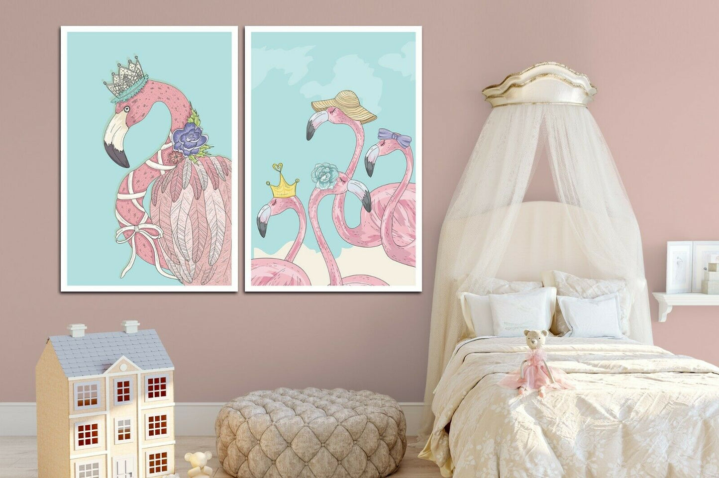 Flamingo with Crown Hat Flower Framed Canvas Print Abstract Wall Art Watercolor