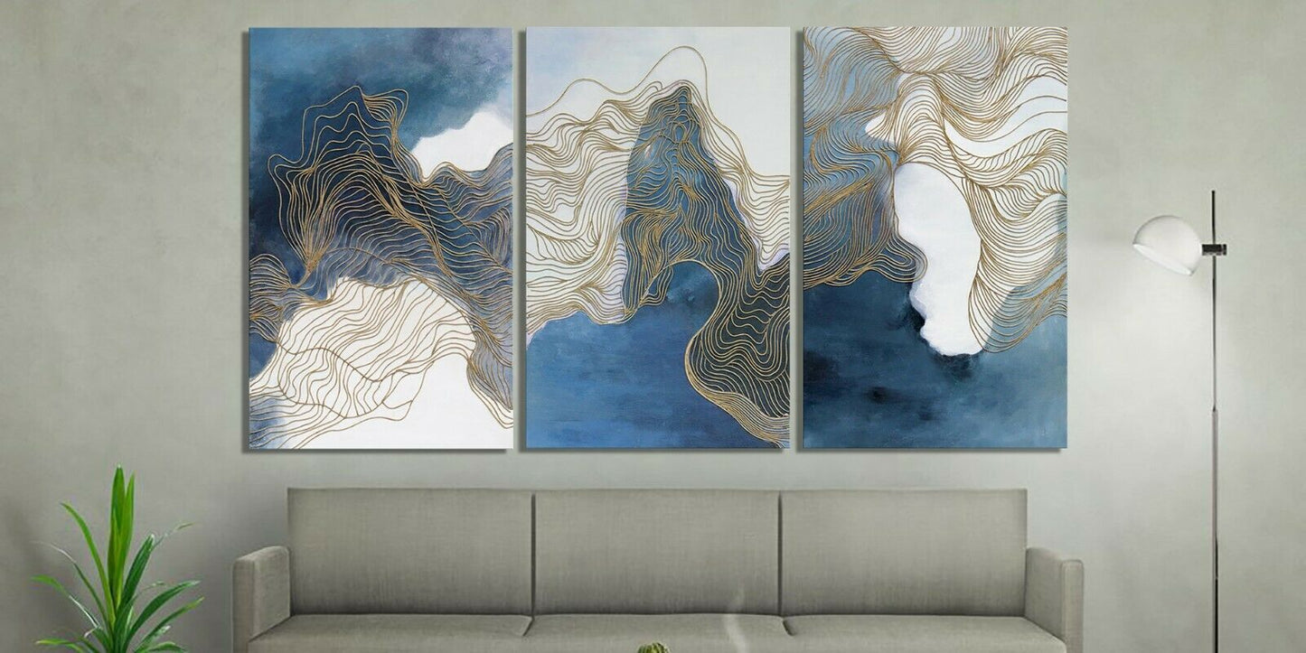Abstract Blue Grey Gold Framed Canvas Prints Modern Wall Art Home Decor Print