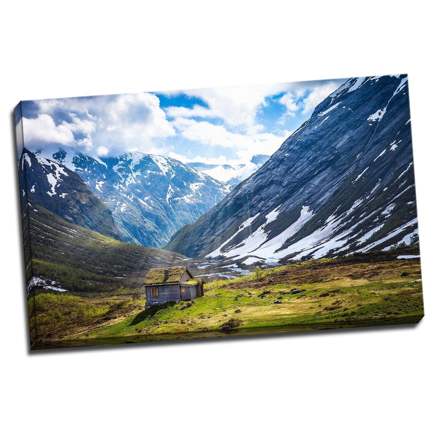 Stretched Canvas prints print Snow mountain cabin north Europe wall art