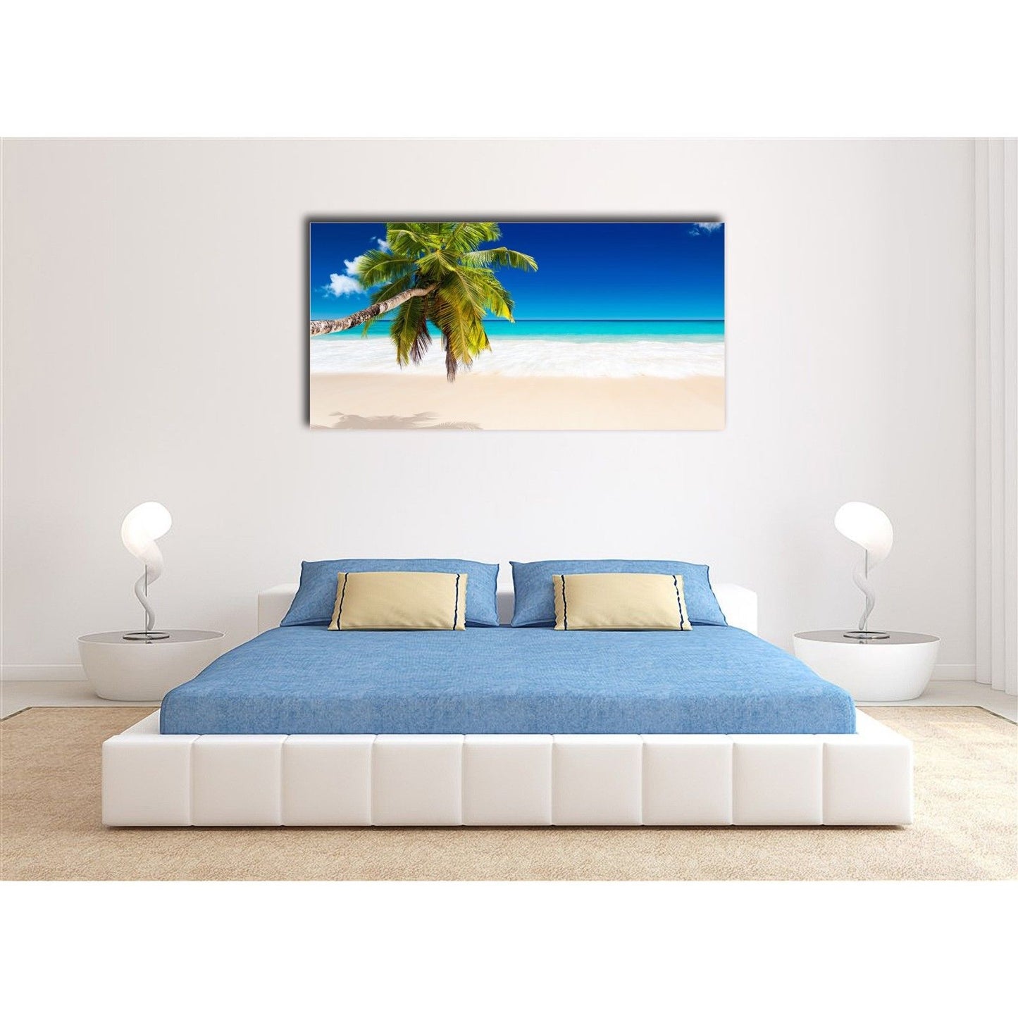 Framed stretched white Beach canvas coconut tree print blue ocean wall art
