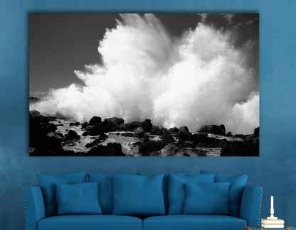 Black & White Sea Wave Rock Framed Canvas Print Wall Art Blue prints photo