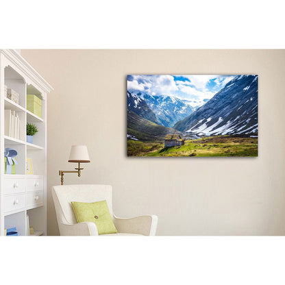 Stretched Canvas prints print Snow mountain cabin north Europe wall art