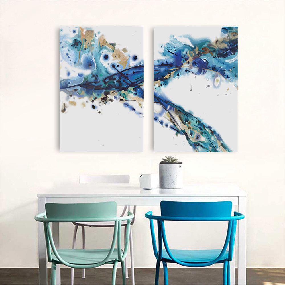 Blue adn gold wave abstract picture art high quality Framed canvas