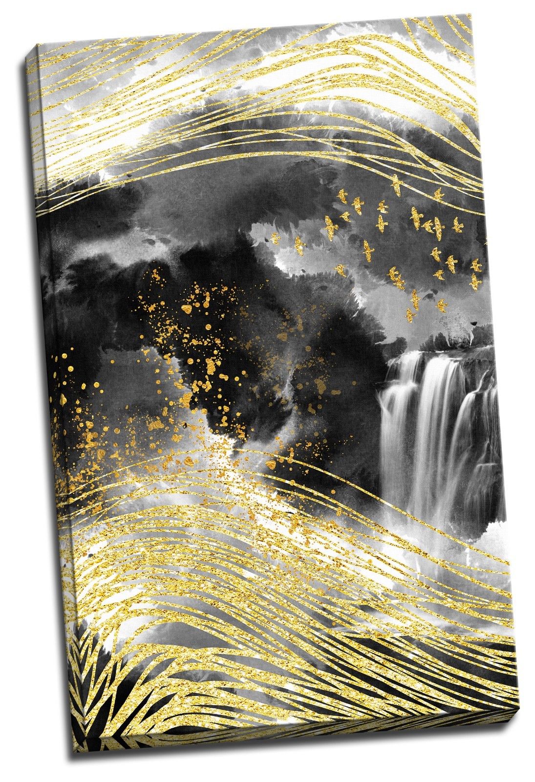 Abstract Gold Line Bird Waterfall Framed Canvas Ink Painting Modern Wall Art
