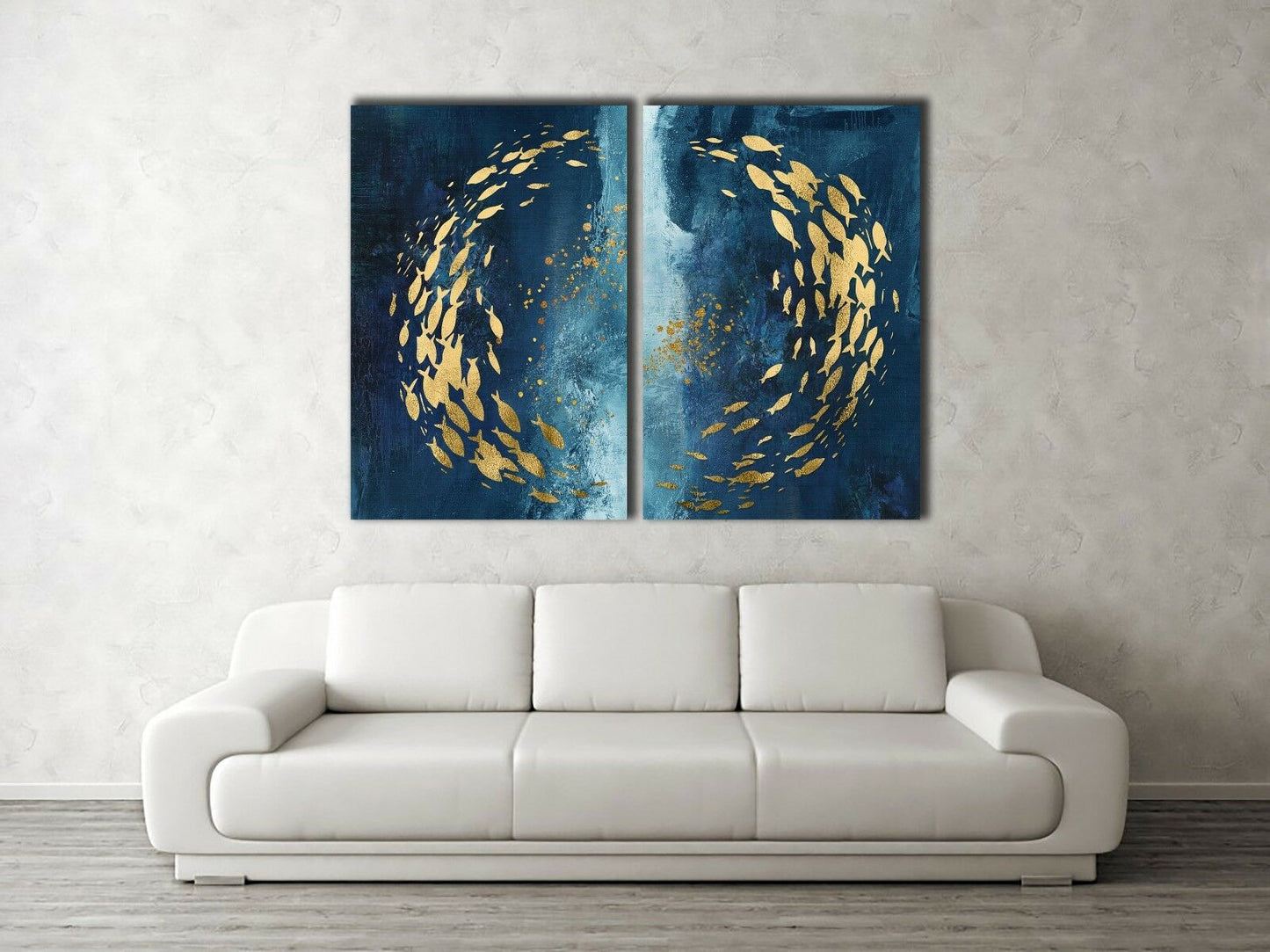Gold Fish on Blue Ocean Framed Canvas print Abstract Dinning Room Wall Art