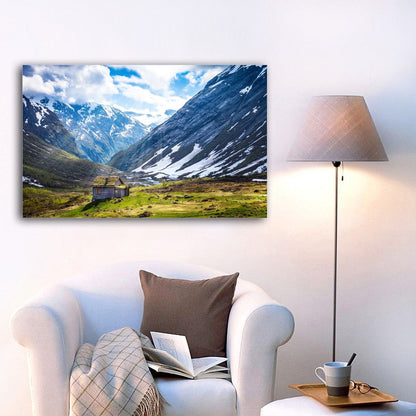 Stretched Canvas prints print Snow mountain cabin north Europe wall art