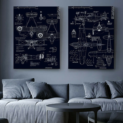 Industrial Aircraft Drawings Framed Canvas Print Abstract Living Room Wall Plane