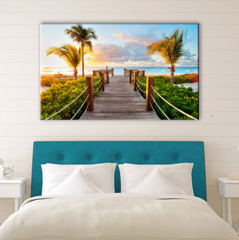 Framed Canvas prints wooden bridge coconut tree sunset beach modern wall art