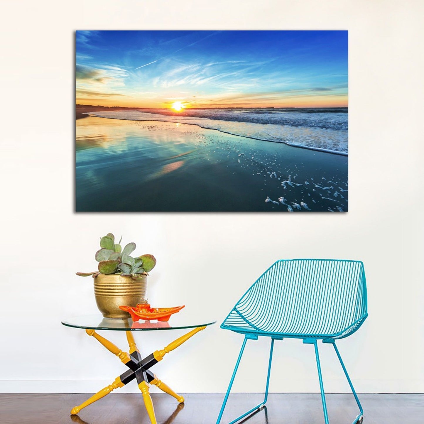 Framed Canvas prints Ocean sunrise Beach view green aqua blue sea wave wall art