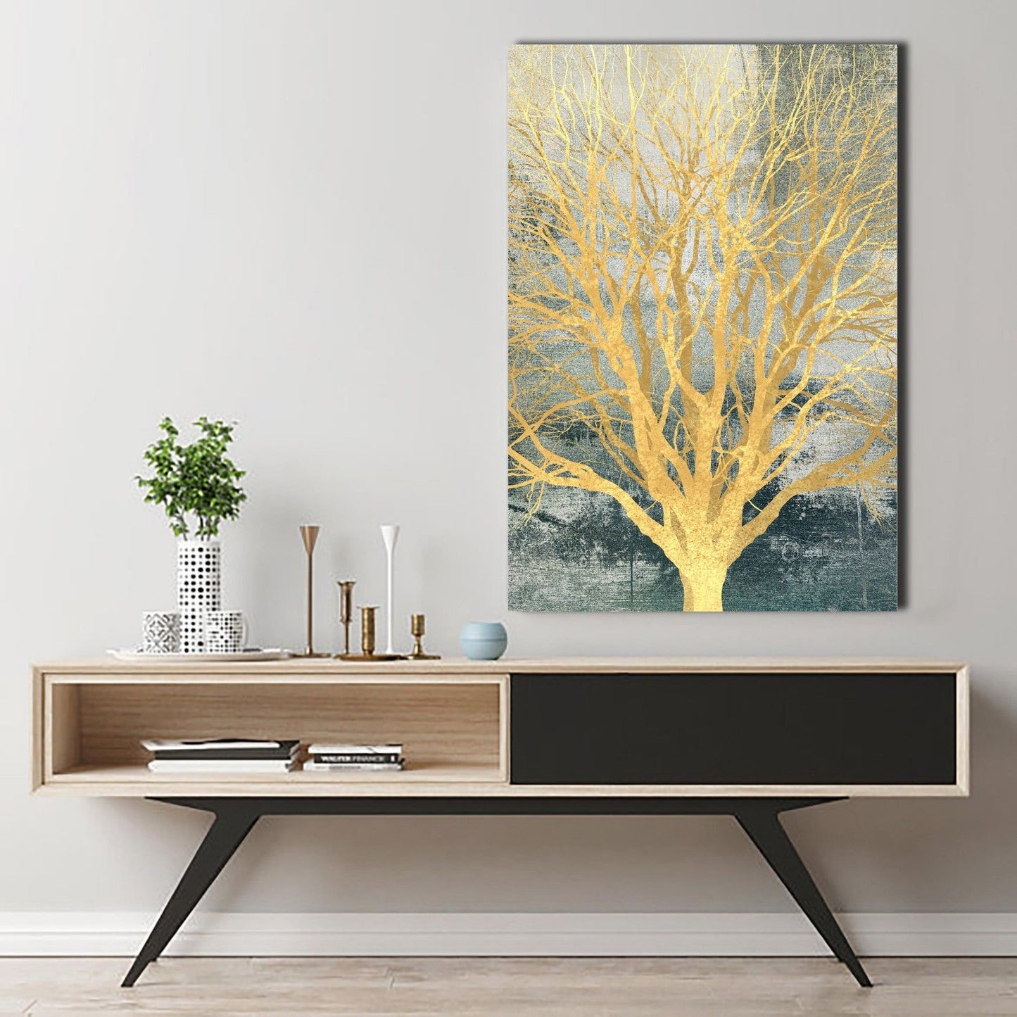 Gold Foil Tree Framed Canvas Green Abstract Tree of Life Wall art