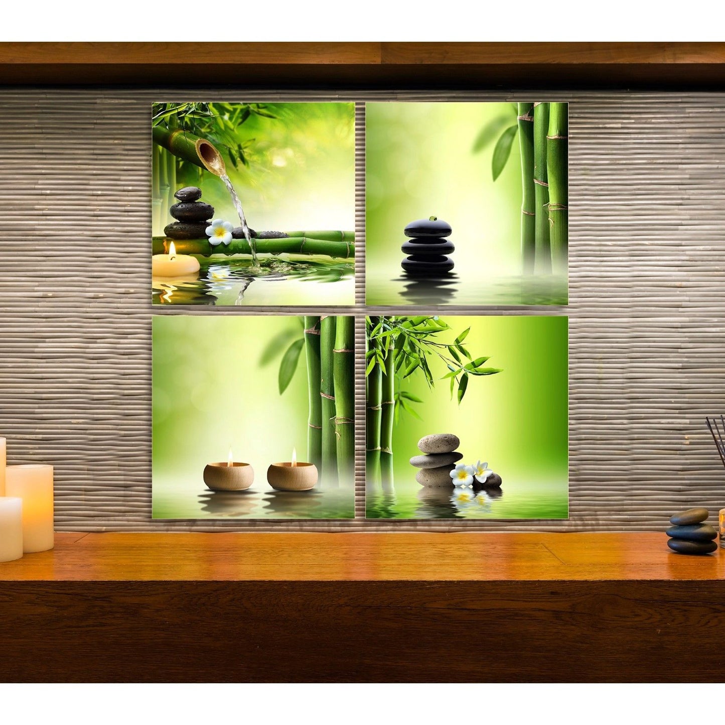 4pcs Framed Canvas Bamboo Green Nature Zen SPA Oil Stone massage shop Wall Decor