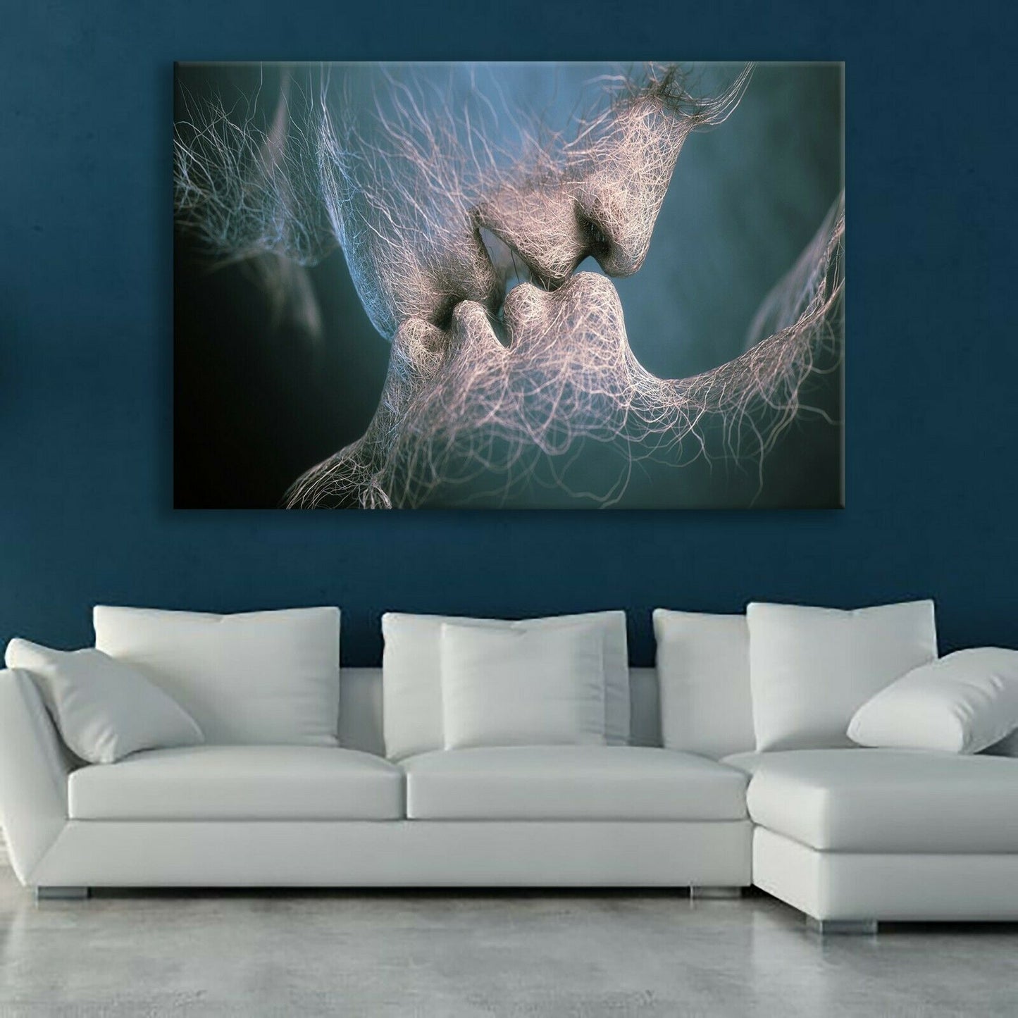 Abstract Blue Love Kiss Canvas Framed Modern Art Ready to Hang Wall Prints