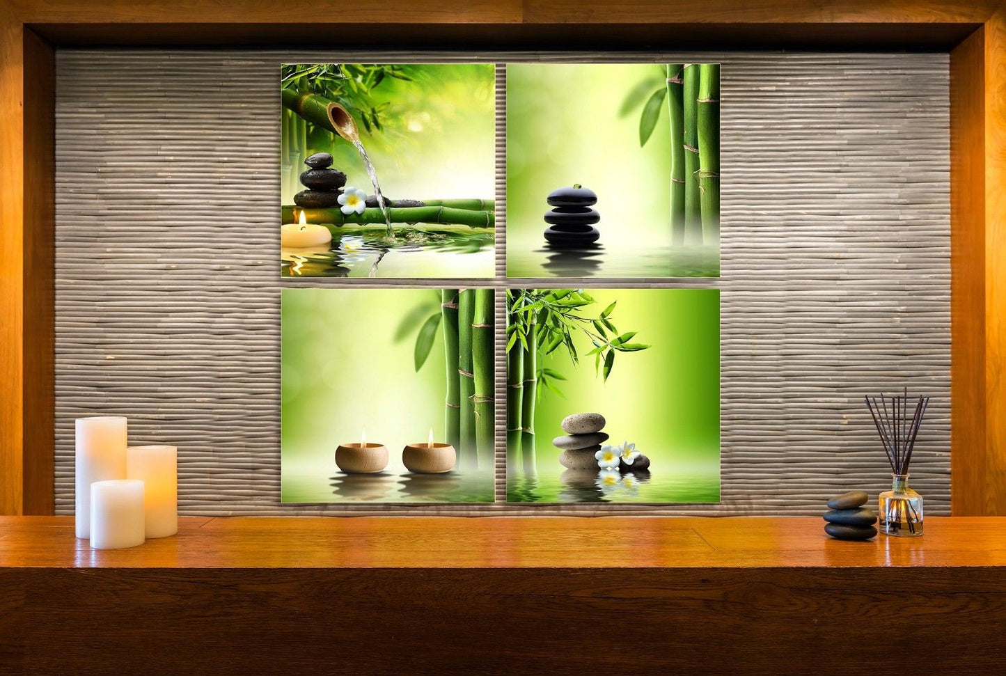 4pcs Framed Canvas Bamboo Green Nature Zen SPA Oil Stone massage shop Wall Decor