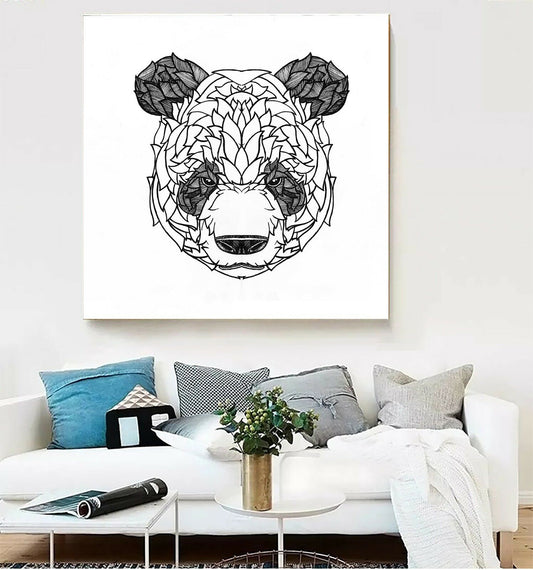 Panda Drawing Sketch Framed Canvas Photo Wall Art Print Square Black and white