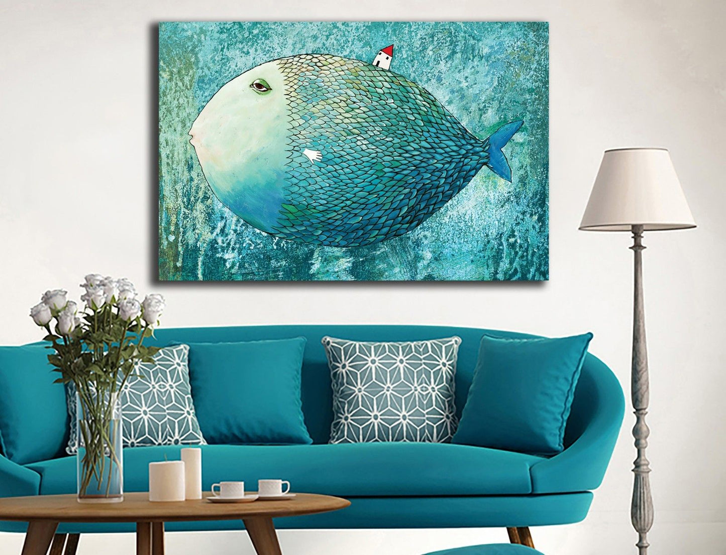 Framed Canvas Prints Stretched Big Whale Small House Wall Art Kids Home Decor