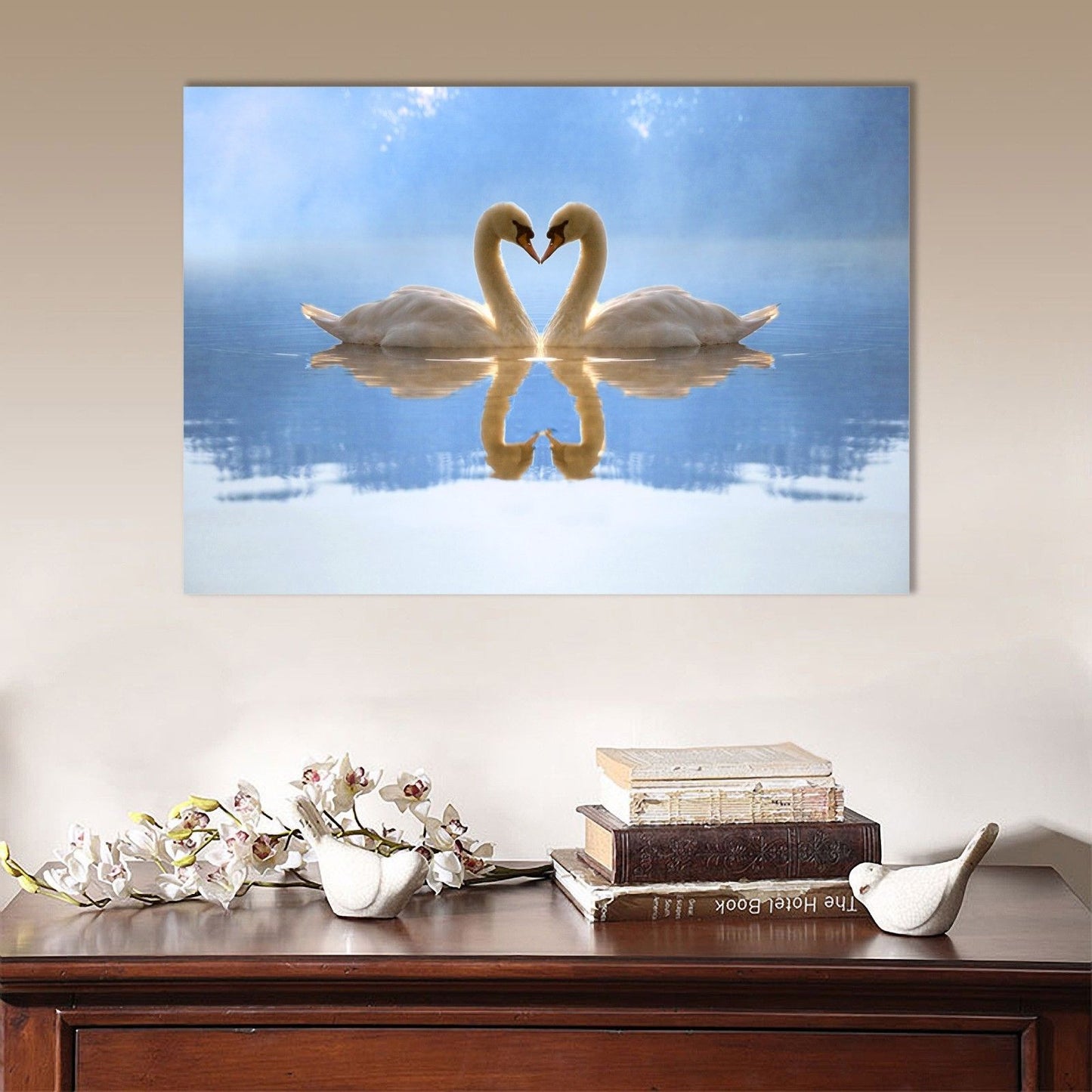 Love Heart SWANS Stretched Pictures Canvas water reflection home art wall deco